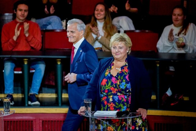 Statsminister Erna Solberg og partileder Jonas Gahr Støre fra NRKs folkemøte med statsministerkandidatene. Foto: Gorm Kallestad / NTB hovedbilde