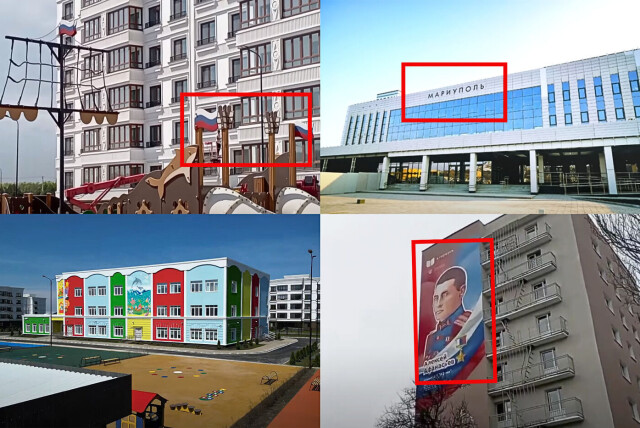 I ukrainske Mariupol heises russiske flagg, det bygges nye boligblokker, bokstavene er russiske og man ser også russisk kunst. hovedbilde
