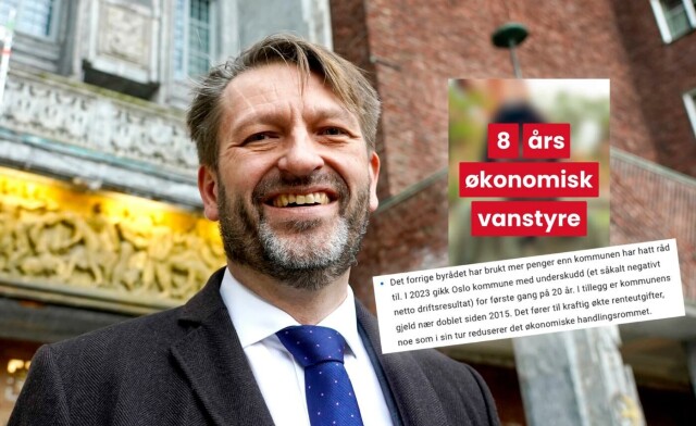 Byrådsleder Eirik Lae Solberg (H) peker på at gjelden har doblet seg. Kollega Merete Agerbak-Jensen (H) beskylder de rødgrønne for økonomisk vanstyre. Foto: Terje Pedersen/NTB hovedbilde