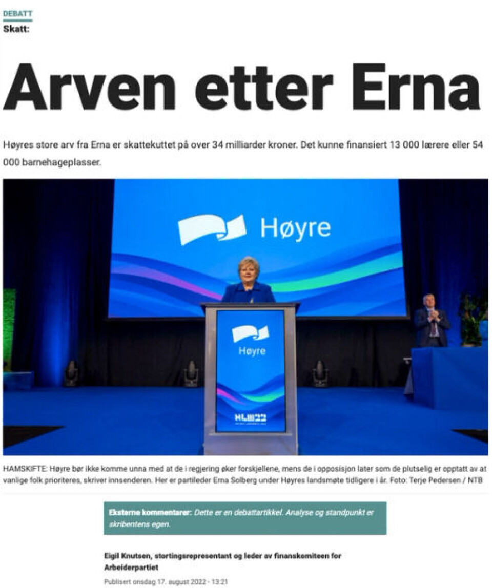 I et debattinnlegg i Dagbladet kritiserte Eigil Knutsen (Ap) Solberg-regjeringens skattekutt. Faksimile: Dagbladet.