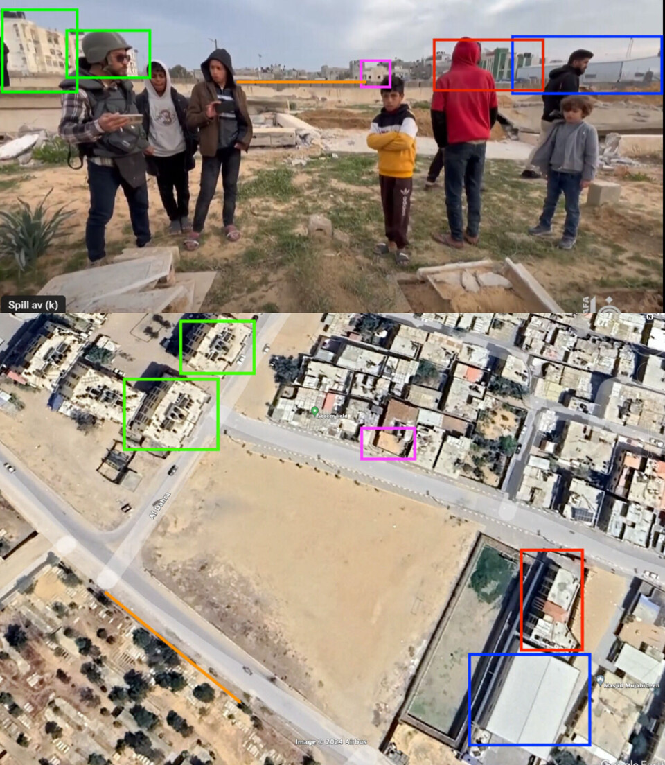Ved hjelp av markeringene har Faktisk Verifiserbar her sammenliknet den ene videoen med satellittbilder fra Google Earth for å kunne geoverifisere hvor videoen er filmet. Foto: Skjermdump YouTube og Google Earth