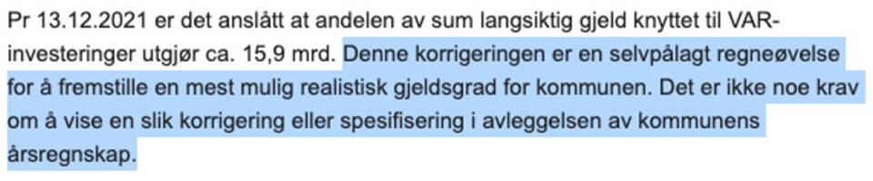 Byrådsavdelingen for finans sin forklaring på hvordan de regner seg fram til den gjelden de legger til grunn for gjeldsgraden i kommunen. Faksimile: E-post fra Byrådsavdelingen for finans sin kommunikasjonsavdeling, Oslo kommune