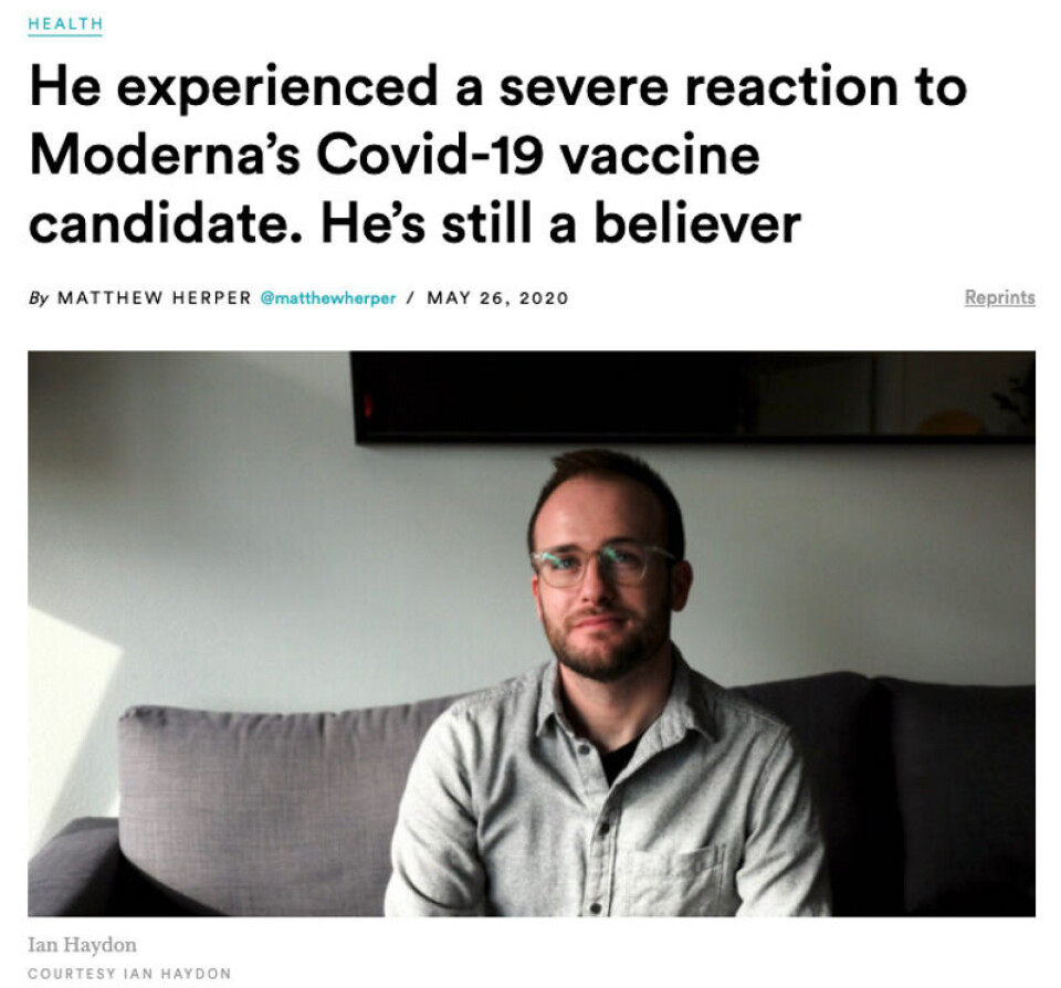 Ian Haydon fikk bivirkninger etter å ha vært med i utprøvingen av en ny vaksine mot koronaviruset. I et intervju med det amerikanske nettstedet STAT, sier han at han fortsatt tror på vaksinen. Foto: Skjermbilde fra STAT. Ian Haydon fikk bivirkninger etter å ha vært med i utprøvingen av en ny vaksine mot koronaviruset. I et intervju med det amerikanske nettstedet STAT, sier han at han fortsatt tror på vaksinen.