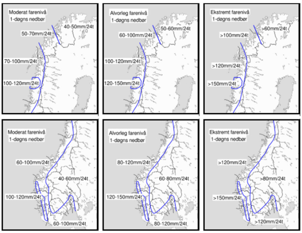 Figuren viser gult, oransje og rødt (til høyre) nivå på 24 timers nedbør ved høy sannsynlighet. Kilde: Meteorologisk institutt