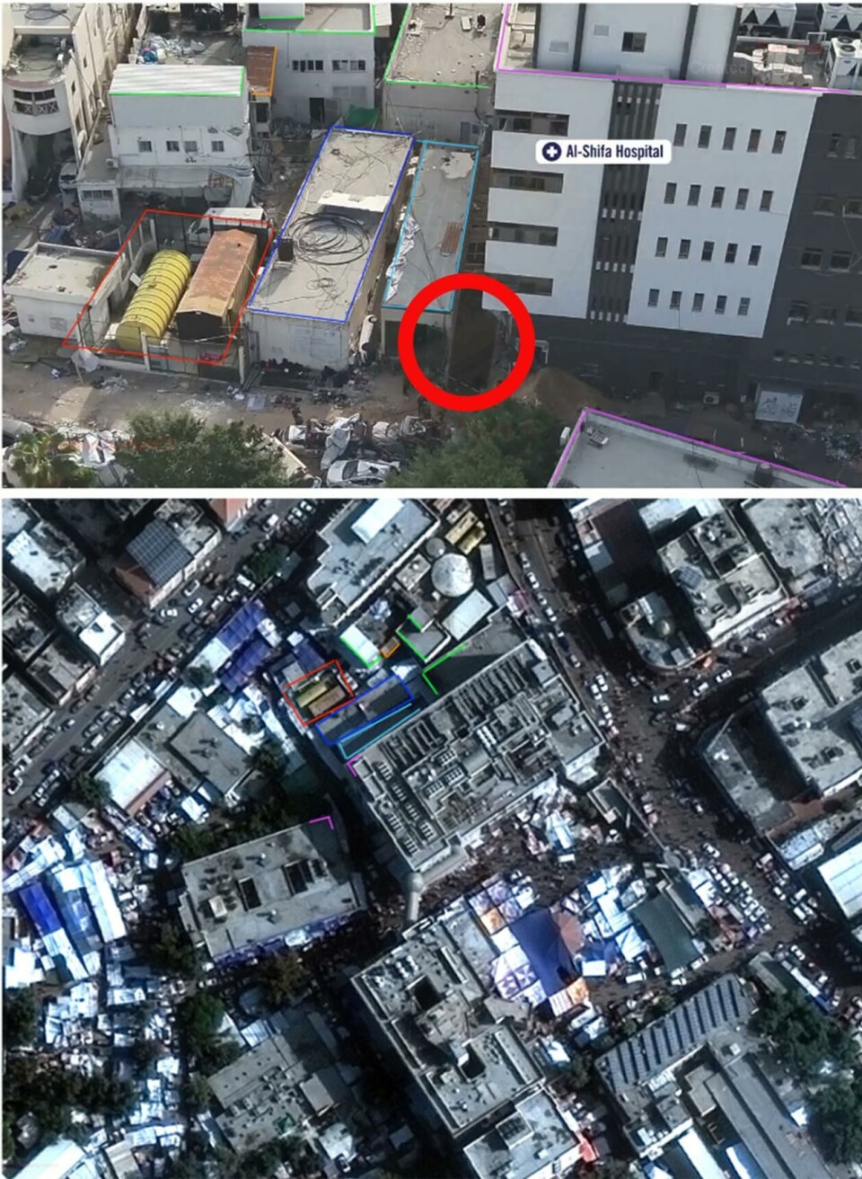 Hullet det er snakk om er lokalisert der hvor den røde ringen er. Bygget ved siden av er «Special Surgery Building». Skjermdump, X/ Google Earth
