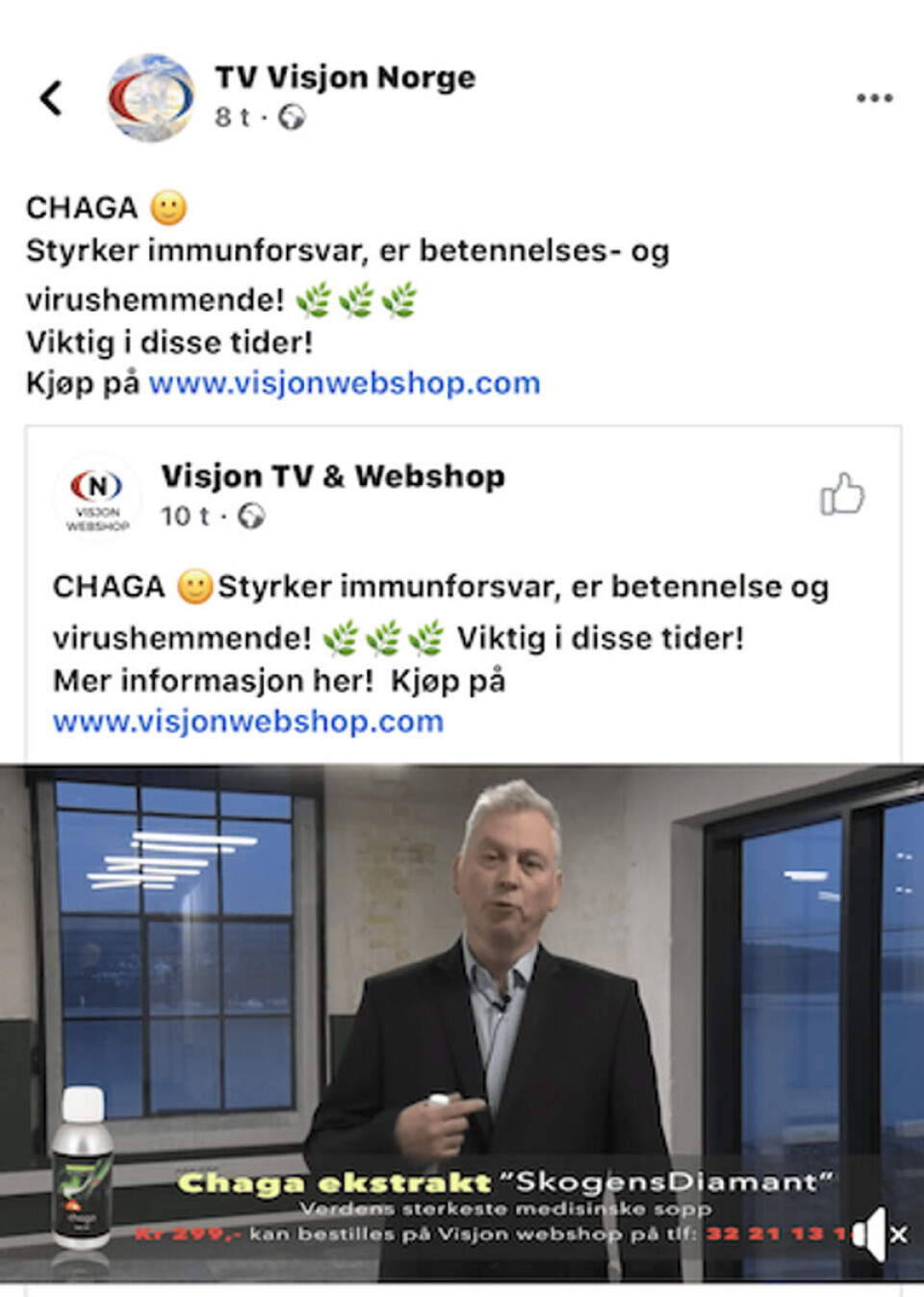 Forbrukertilsynet landet på at markedsføringen av kosttilskuddet Chaga var ulovlig. Foto: Skjermdump, Forbrukertilsynet