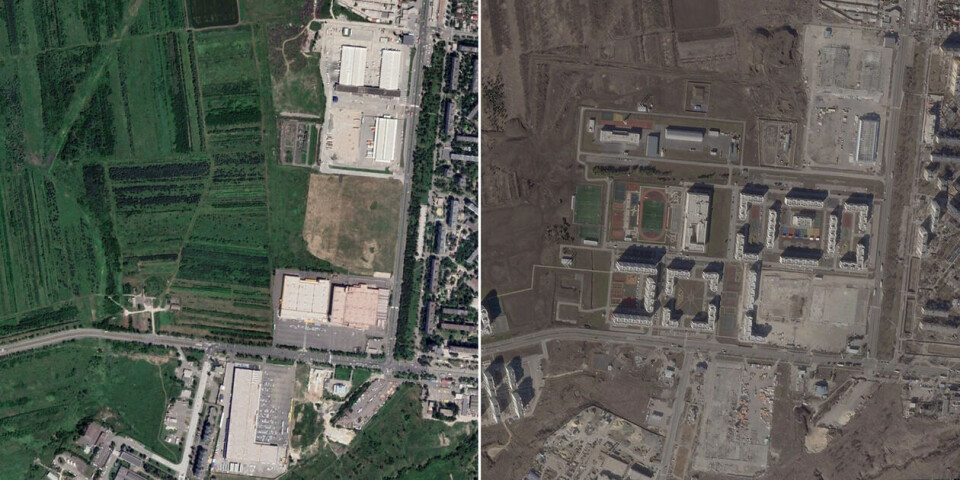 I mai 2022 var det et frodig grøntområde. 12 mars 2024 var det satt opp et nytt nabolag. Foto: Google Earth / Planet Labs PBC