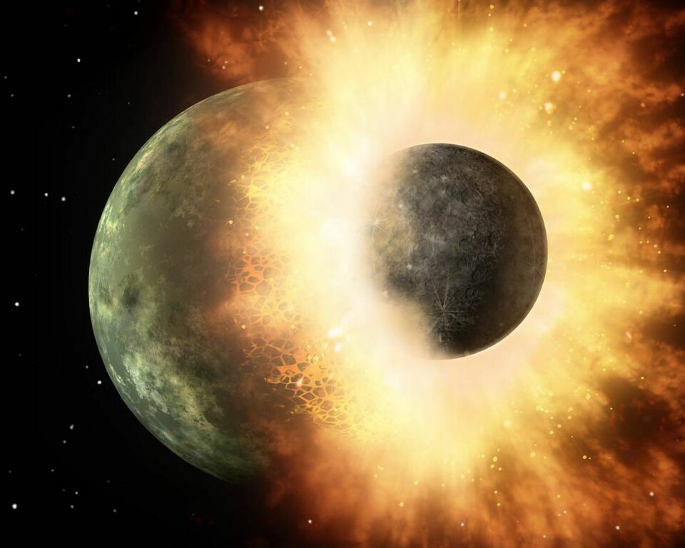 Illustrasjon som viser hvordan det kan ha sett ut da en kjempekollisjon dannet månen, tidlig i jordas historie. Illustrasjon: NASA/JPL-Caltech