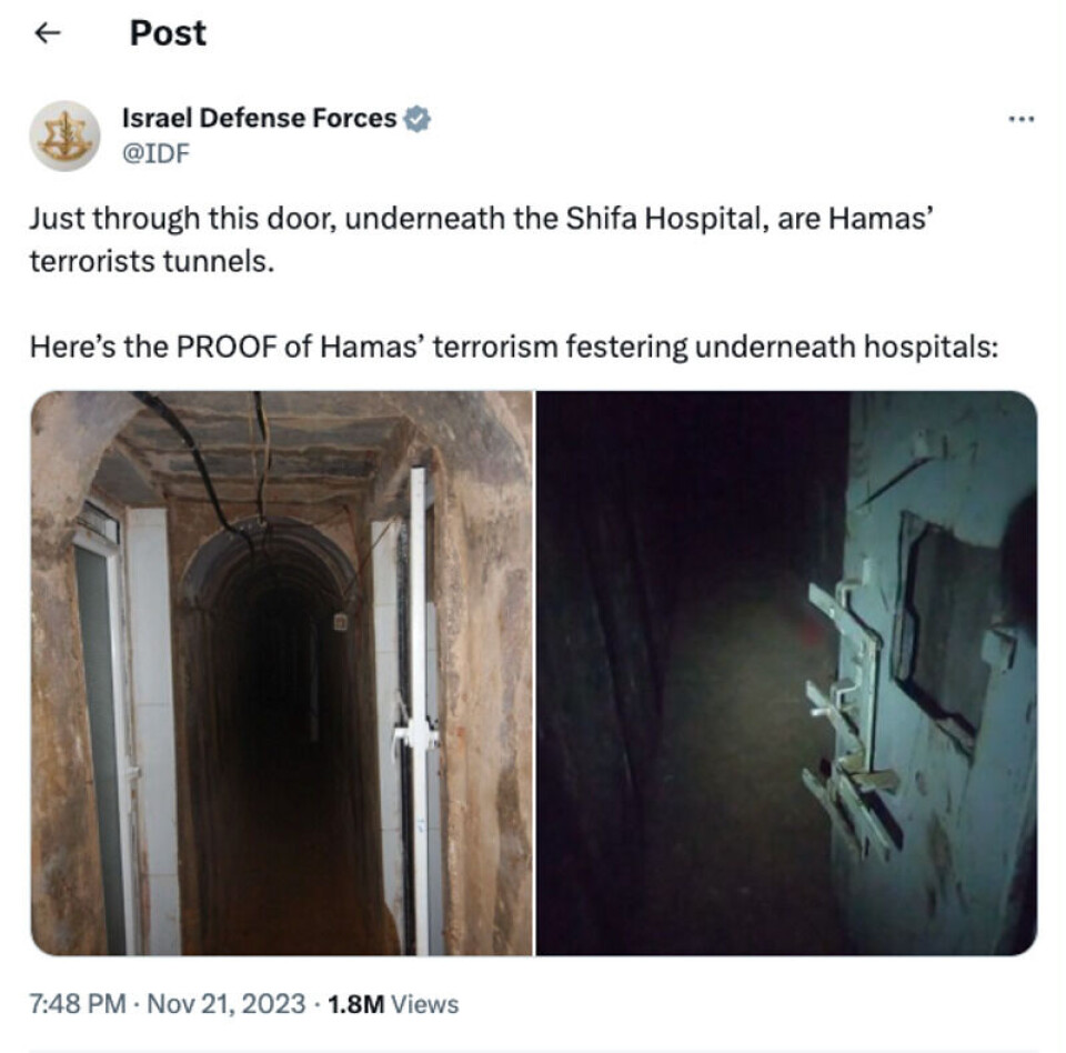 IDF har i flere omganger lagt frem det de mener beviser tunneler under sykehuset. Skjermdump, X