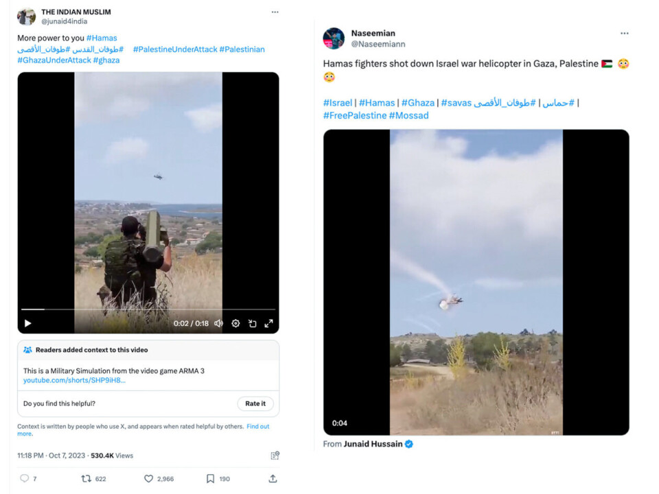 Flere kontoer på X har delt en video som skal vise nedskytningen av et israelsk militærhelikopter. Ser man nøye på videoen, ser man at den ser animert ut. Skjermdump, X (tidligere Twitter)