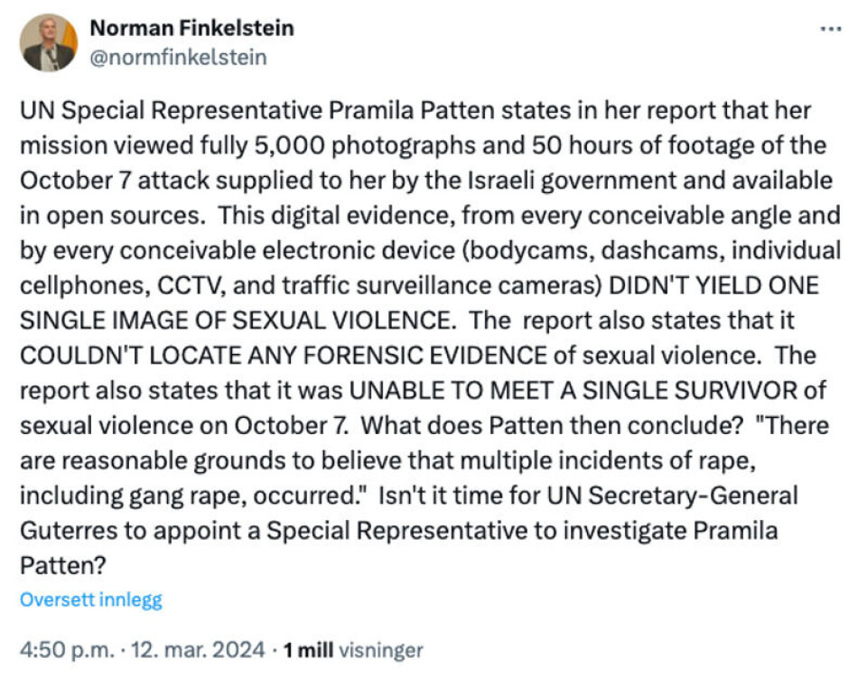 En mye delt X-post fra den amerikanske (og jødiske) forfatteren og samfunnsdebattanten Norman Finkelstein, som i en årrekke har markert seg som en skarp kritiker av Israels linje i forholdet til Palestina. Skjermdump: X