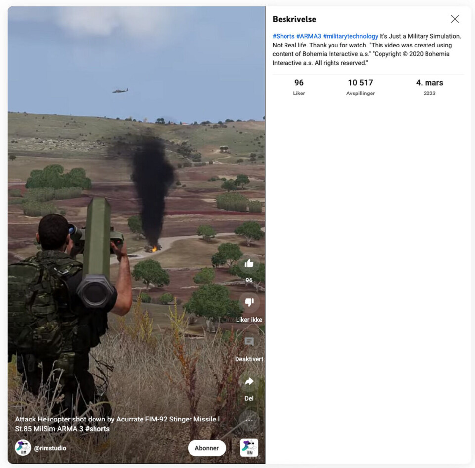 En YouTube-kanal som deler videoer fra videospillet Arma 3 delte en lignende video i mars i år. Skjermdump, YouTube