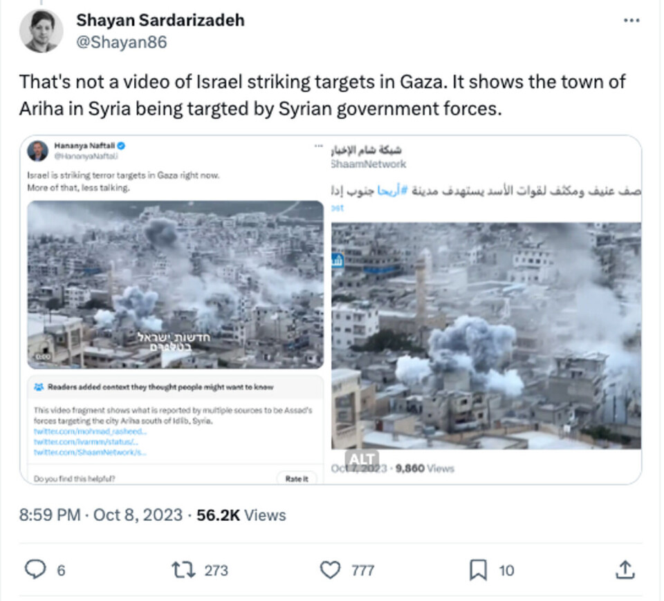 Assad-regimet utførte nylig angrep mot opprørskontrollerte Ariha, Idlib. Skjermdump, X (tidligere Twitter)