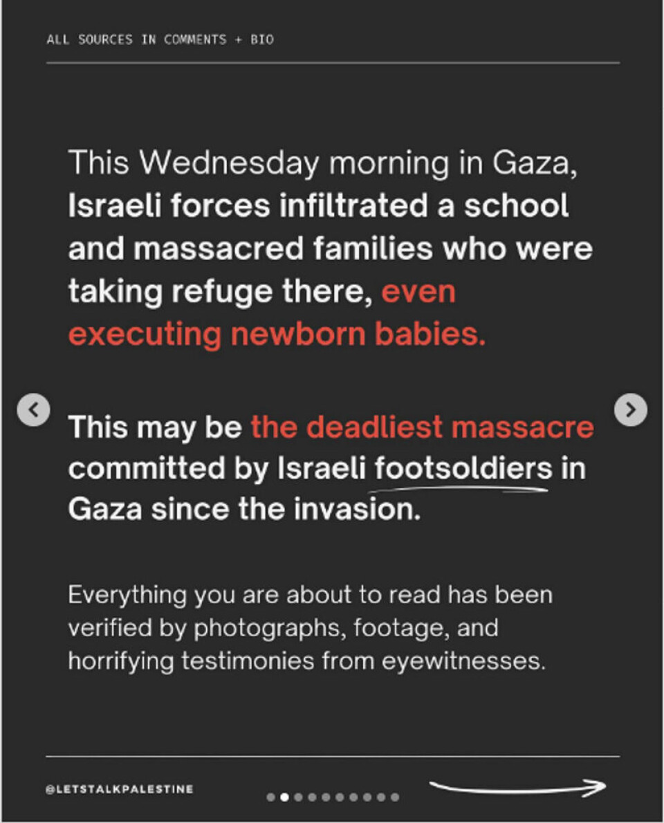 Dette er blant påstandene som blir spredt i sosiale medier om det som skjedde på en skole nord i Gaza. Skjermdump, Instagram
