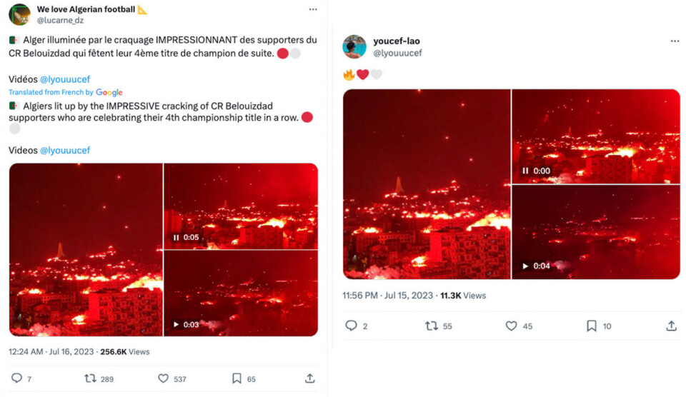 Fotballsupportere i Algerie feiret med fyrverkeri. Skjermdump, X (tidligere Twitter)