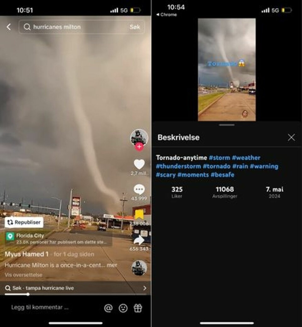 Bildet til venstre viser videoen som spres på TikTok i forbindelse med orkanen «Milton». Bildet til høyre viser at videoen er brukt i en annen kontekst på Youtube allerede 7. mai i år. Foto: Skjermdump TikTok og Youtube.