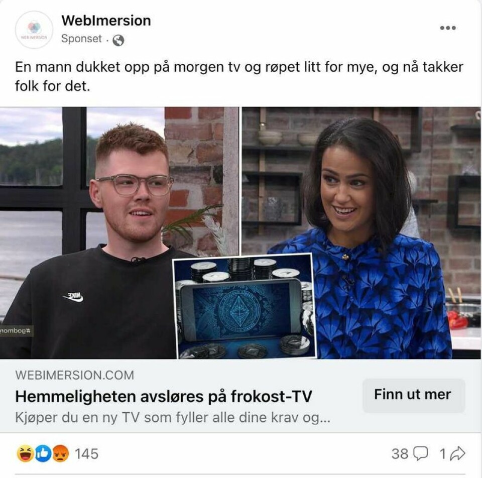 Denne annonsen har mange fått opp på Facebook. Mannen på bildet, Christopher Scott, var med i programmet for å snakke om tannhelse – ikke bitcoin. Skjermdump: Facebook