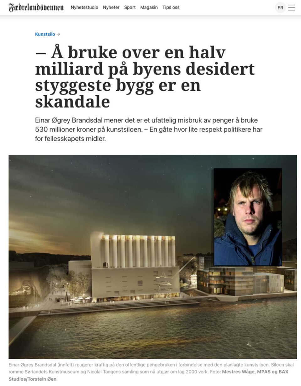 Milliardær Einar Øgrey Brandsdal med krass kritikk av kunstsiloplanene i Kristiansand. Faksimile: Fædrelandsvennen, 31. desember 2017