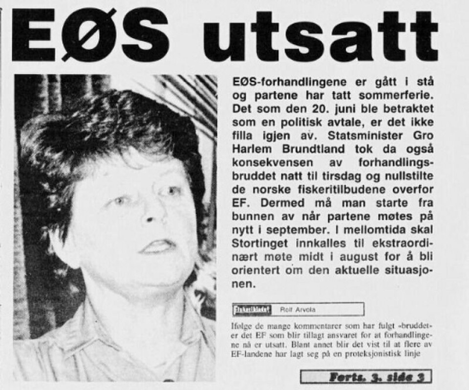Slik omtale Fiskeribladet det kommende ekstraordinære stortingsmøtet om EØS-forhandlingene i 1991. Faksimile: Fiskeribladet 31. juli 1991.