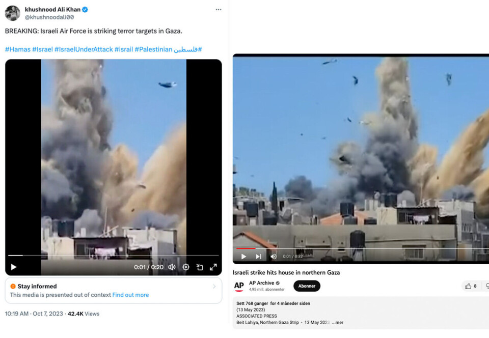 Til venstre skjermdump fra X, der en video deles med en tekst som antyder at angrepet skjer akkurat nå. Til høyre originalvideoen publisert av Associated Press, som viser et angrep i Gaza i mai i år. Skjermdump, X (tidligere Twitter) og Associated Press, YouTube