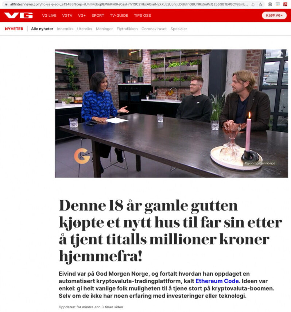 VG-logoen er godt synlig, og mange har latt seg lure av denne falske artikkelen. Hvis man ser på URL-en øverst, ser man at det slett ikke er en artikkel på vg.no.