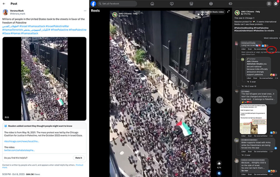 En video fra protest i Chicago ble postet på Facebook for over to år siden. Skjermdump fra X og Facebook.