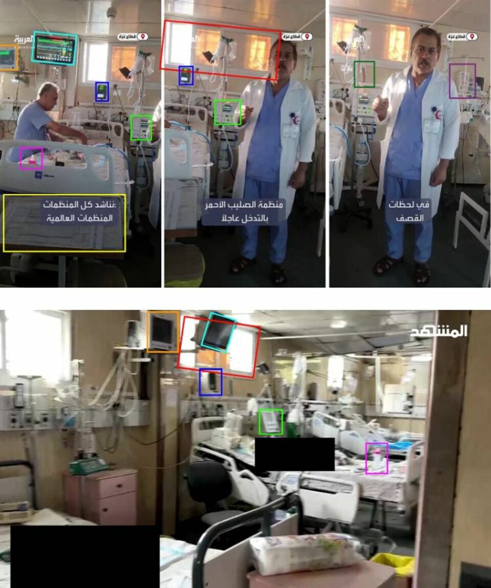 Faktisk Verifiserbar har sammenliknet videoen av sykehusdirektøren 9. november og TV-reportasjen. Foto: Skjermbilde fra X / usladdet video fra Al Mashhad