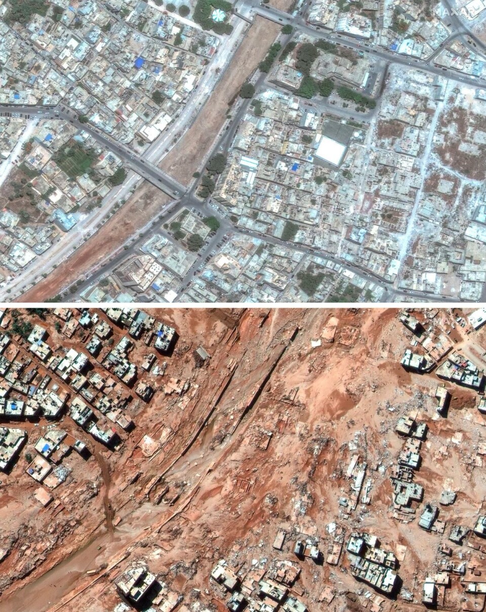 Satellitbilder fra Maxar Technologies viser et nabolag i Derna, Libya, 1. juli 2023 (øverst) og 13. september. Foto: Maxar Technologies, via AP