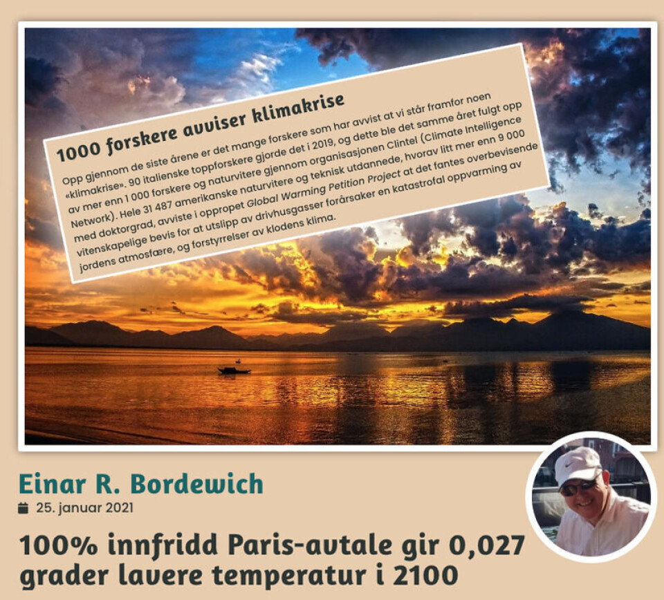 Ifølge Fakta360 er det ingen sammenheng mellom økt andel CO₂ i atmosfæren og økte globale temperaturer. Faksimile: Fakta360.no