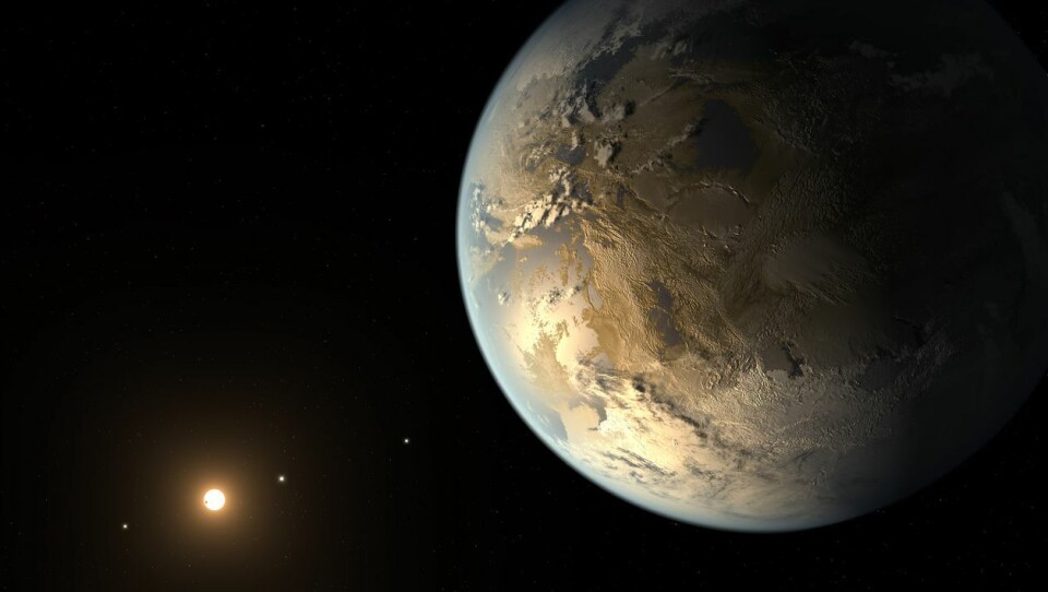 Konseptillustrasjon av planeten Kepler-186f. Som jorda befinner også den seg i den beboelige sonen, rundt stjernen Kepler-186 580 lysår unna oss. Illustrasjon: NASA Ames/SETI Institute/JPL-Caltech