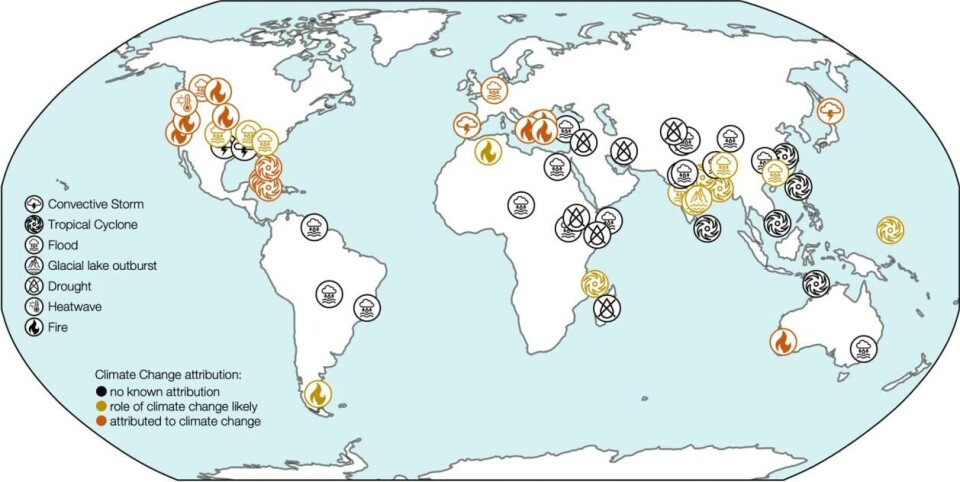Kartet viser vær- og klimarelaterte katastrofer i 2021, og i hvilken grad man har kjennskap til rollen klimaendringer har spilt. Kilde: Otto, F.E.L., Raju, E. Harbingers of decades of unnatural disasters. Commun Earth Environ 4, 280 (2023). https://doi.org/10.1038/s43247-023-00943-x
