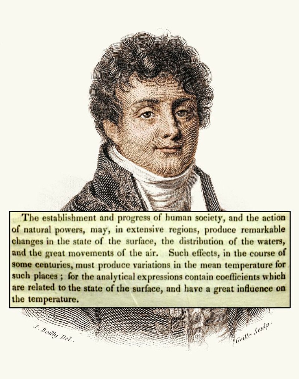 I den amerikanske oversettelsen av Fourier sin forskning, publisert i «The American journal of science» i 1837, forklares det at vi mennesker har potensialet til å endre overflatetemperaturen på jorden. Gravering: A.F.B. Geille