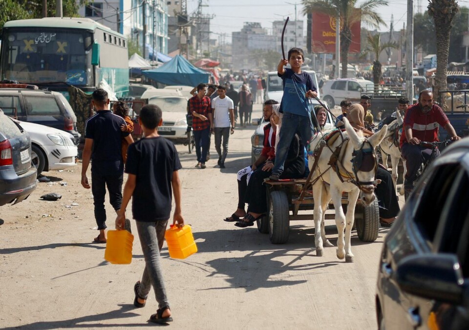 Palestinere bruker esel og vogn som et transportmiddel i Khan Younis, sør i Gaza, 31. oktober. Foto: REUTERS/Mohammed Salem