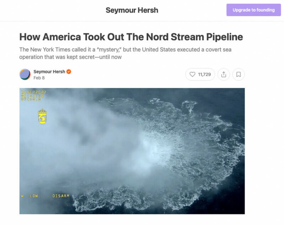 Påstandene om hvordan USA med god hjelp fra Norge sprengte Nord Stream 1 og 2 er lagt ut på nyhetsbrev-plattformen Substack. Skjermdump: seymourhersh.substack.com