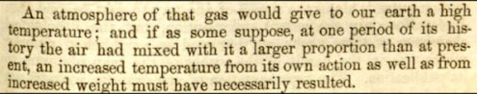 Allerede i 1856 viser Eunice Foote til at det er en sammenheng mellom en forhøyet andel CO2 i atmosfæren og temperaturer. Faksimile: The American Journal og Science and Arts, 1856