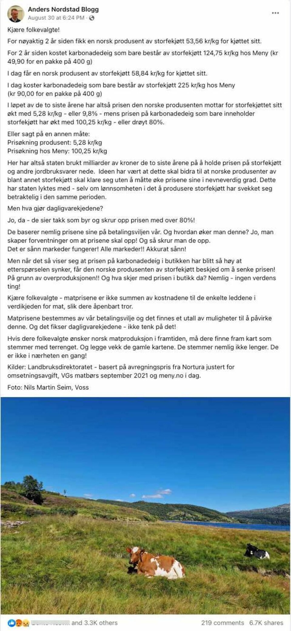 Dette innlegget om kjøttpriser la Anders Nordstad ut 30. august 2023. Trykk på bildet for å få det større.