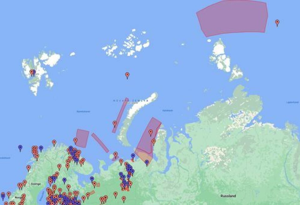 De russiske skytevarslene er sendt ut som «Notice to Airmen» (NOTAM), og er merket med røde felt. Illustrasjon: Jan Gunnar Furuly