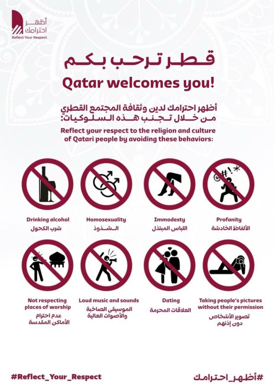 Plakaten er ikke publisert av qatarske myndigheter, men av «Reflect Your Respect», en grasrot-kampanje som jobber for å fremme tradisjonelle og islamske verdier i Qatar Skjermdump: RYRQatar, Twitter. Plakat med teksten: «Qatar welcomes you! Reflect your respect to the religion and culture of Qatari people by avoiding these behaviors: Drinking alcol, homosexuality, immodesty, profanity, not respecting places of worship, loud music and sounds, dating, taking people1s pictures withouth their permission. #Reflect_Your_Respect». Hvert punkt er illustrert med en tegning og en rød strek over, som illustrerer at dette er uønsket oppførsel.