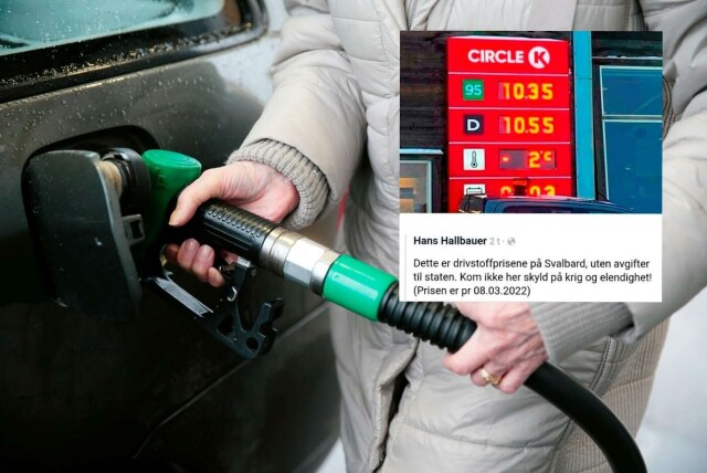 Den siste tiden har det vært rekordhøye priser på bensin og diesel. Et bilde som viser langt lavere priser på Svalbard, har fått flere til å kontakte Faktisk.no. Bildet er ekte. Foto: Lise Åserud / NTB og skjermdump fra Facebook. hovedbilde