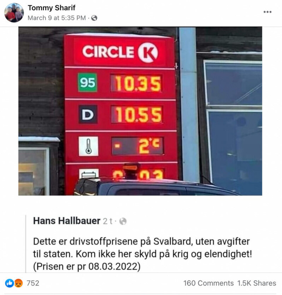Forretningsmannen Tommy Sharif, som også er kjent som «dekkongen», er blant dem som har delt bildet av drivstoffprisene på Svalbard på Facebook. Bildet er ekte. Skjermdump: Facebook.