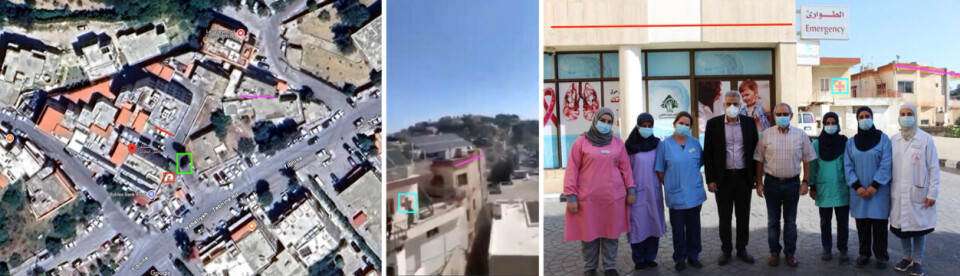 Bildet til venstre viser sykehuset ovenfra på et satellittbilde fra Google Maps. Bildet i midten er fra X-videoen og til høyre et bilde som sykehuset har lastet opp til sin egen Facebook-side. Her kan vi sammenlikne flere likheter ved bygningene. Skjermdump: Google Maps / X / Facebook