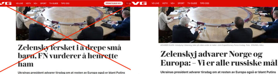 Tittelen til venstre er falsk. Den ekte VG-tittelen kan ses på bildet til høyre. Skjermbilde: Imgur / VG.