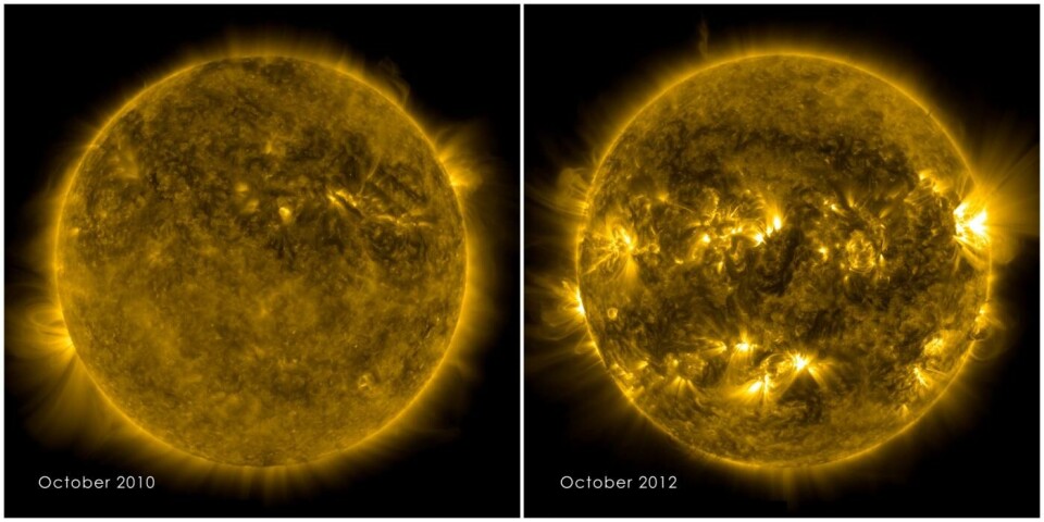 Solflekker oppstår i forbindelse med at sola bytter sine magnetiske poler, i en syklus på omtrent elleve år. Til venstre er en periode med lite solflekker. Til høyre er en periode med mye solflekker. Foto: NASA/SDO