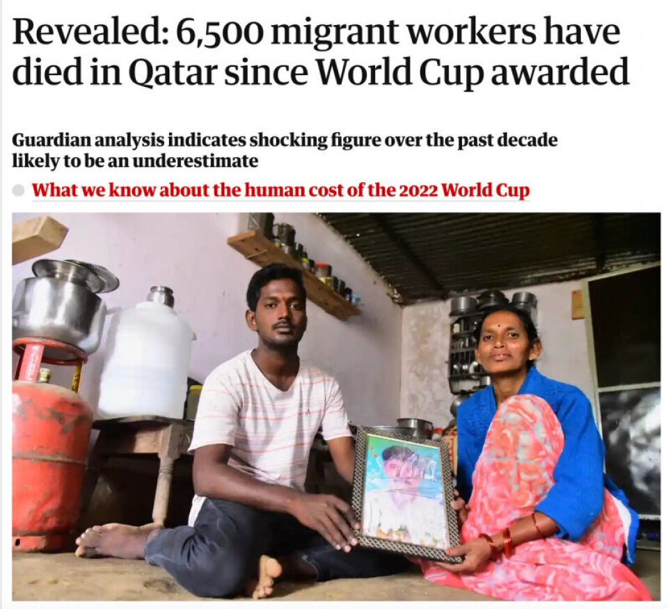 The Guardian avslørte i fjor at 6500 migrantarbeidere fra fem asiatiske land hadde dødd i Qatar siden 2010. Mange har viderebrakt dette tallet til å bety at 6500 har mistet livet som følge av VM, men tallet gjelder alle dødsfall. Faksmile: The Guardian, februar 2021