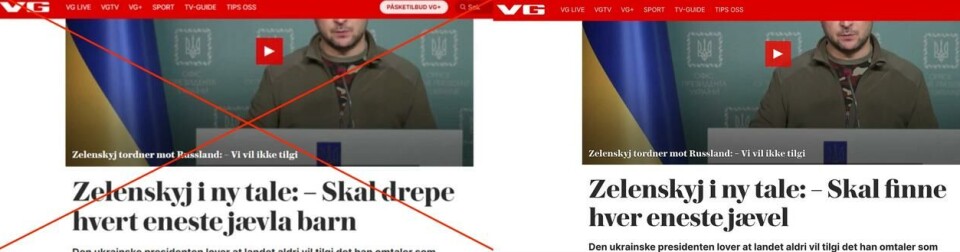 Tittelen til venstre er falsk. Den ekte VG-tittelen kan ses på bildet til høyre. Skjermbilder: Imgur / VG.