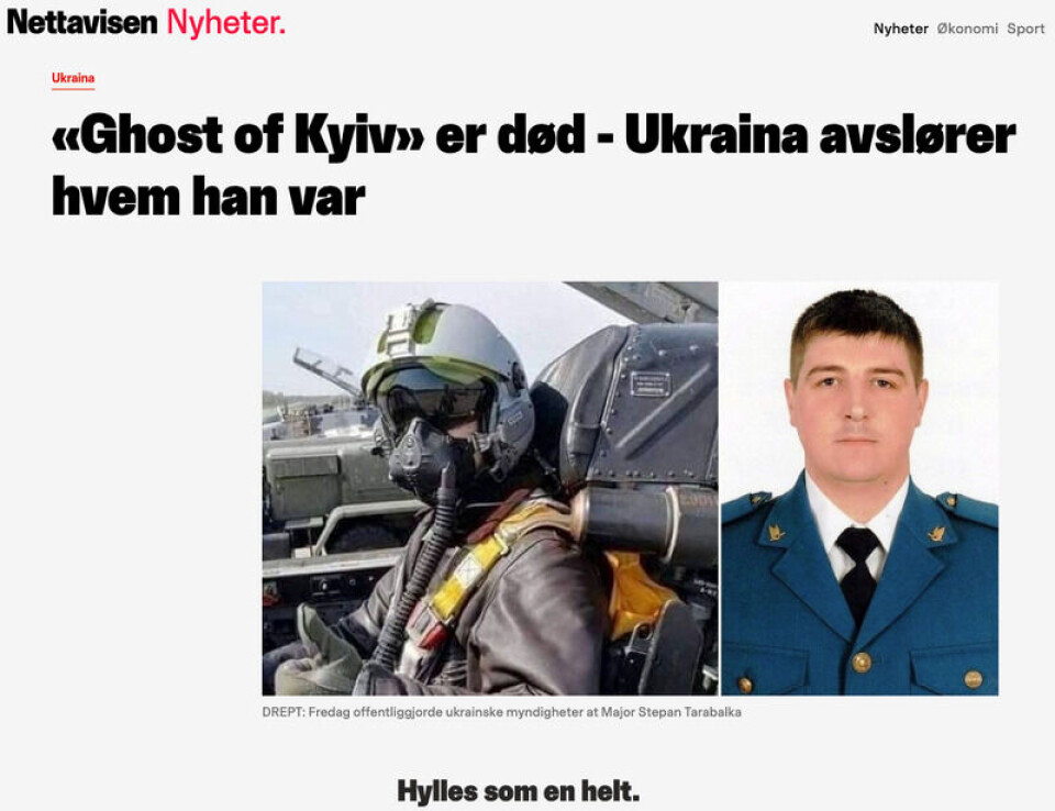 Lørdag 30. april meldte Nettavisen at den sagnomsuste piloten «Ghost of Kyiv» var død, og at ukrainske myndigheter hadde avslørt hvem han var. Det stemte ikke. Skjermbilde: WaybackMachine.