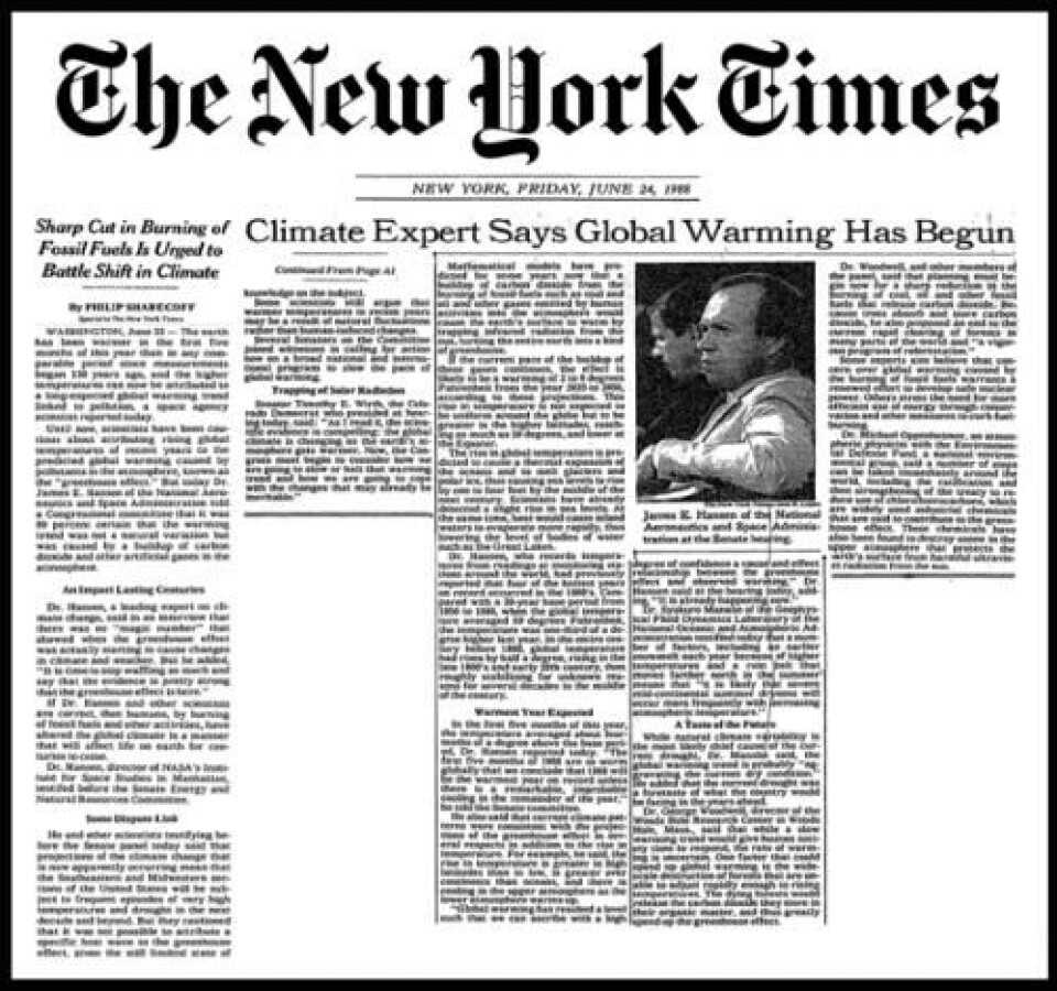 NASA-direktør James Hansen advarte mot den globale oppvarmingen for den amerikanske kongressen allerede i 1988. Faksimile: The New York Times, 24. juni 1988