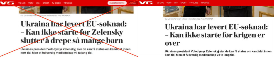 Tittelen til venstre er falsk. Den ekte VG-tittelen kan ses på bildet til høyre. Skjermbilder: Imgur / VG.