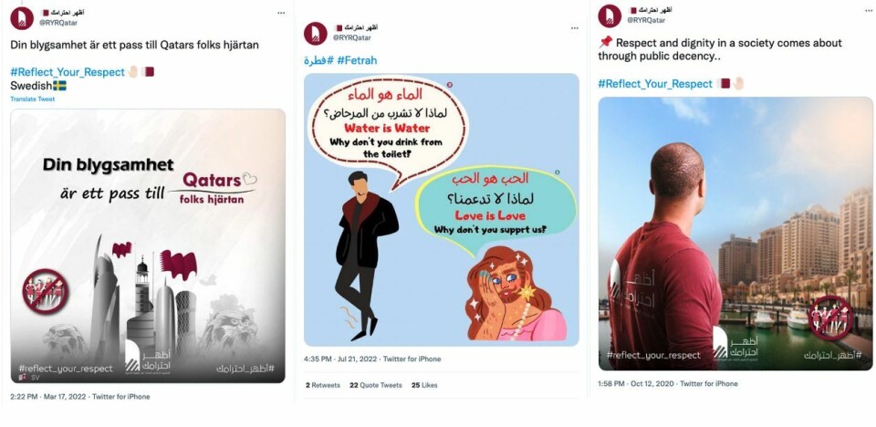 I tillegg til å oppfordre folk til å kle seg anstendig, har kampanjen delt innlegg som går ut mot blant annet alkohol, dating og homofili. Fram mot fotball-VM er det også laget plakater på flere språk. Skjermdump: RYRQatar på Twitter