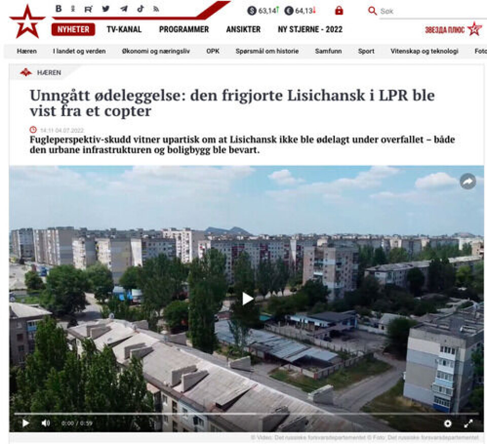 Denne nyhetsartikkelen, som er oversatt av Google Translate, kan fortelle at russiske styrker ikke ødela verken sentrumsbebyggelse eller boliger da byen ble overtatt. En dronevideo er lagt med som bevis. Skjermbilde: TV Zvezda.